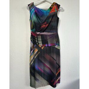 Kay Unger New York Multicolor Abstract Sleeveless Draped Sheath Dress Size 2